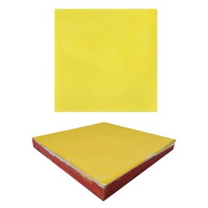 May include: Two yellow square objects are shown against a white background. One is a flat square, and the other is a square with a red base and a yellow top. The objects appear to be made of foam.
