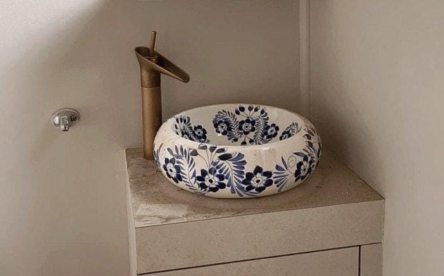 Mexican Talavera Round Vessel Handcrafted ceramic sink - Flor Azul -