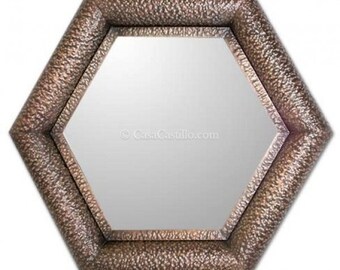 Mexican Tin Mirror Handcrafted - Hammered Hexagon -
