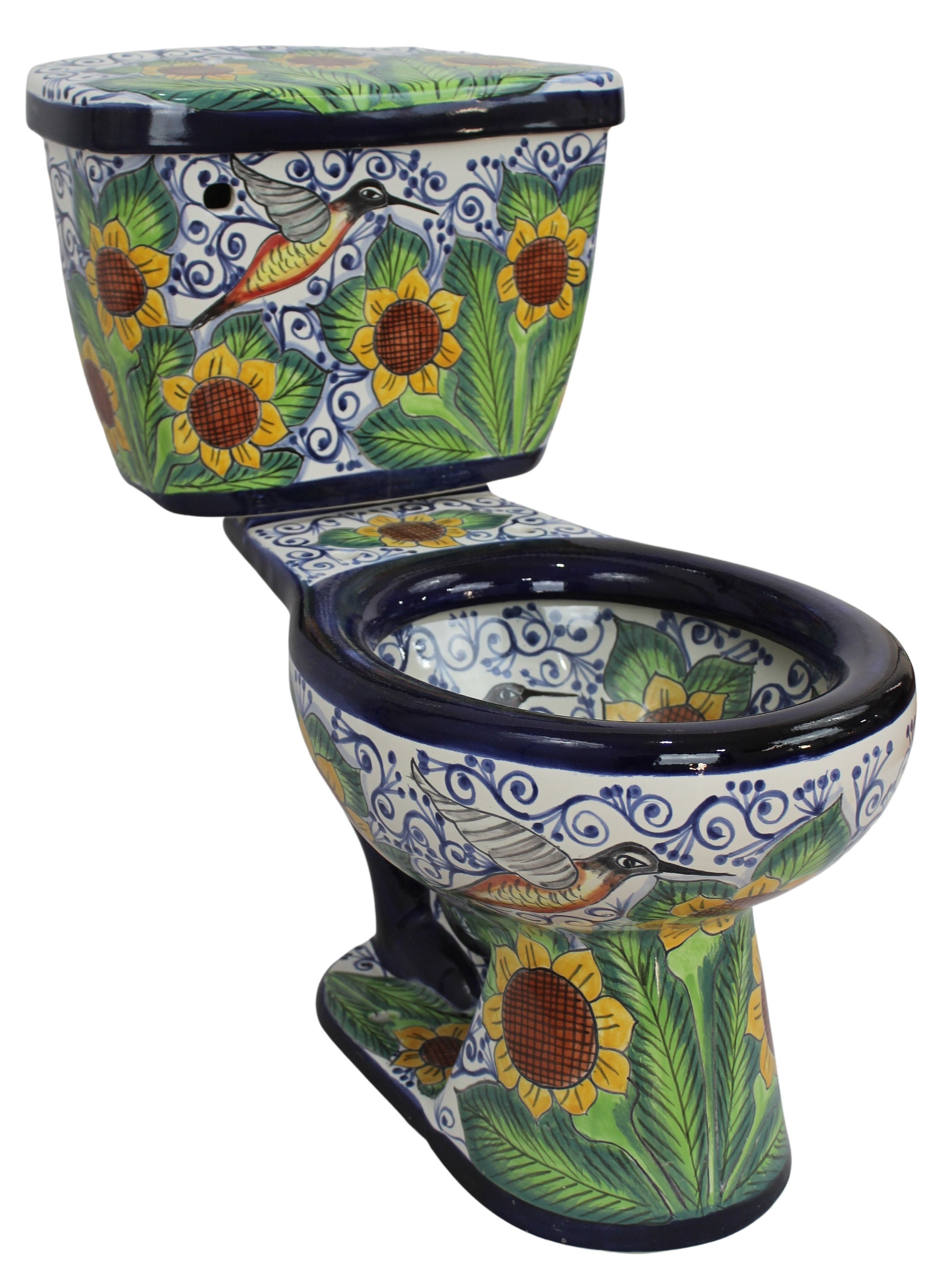 メキシコのタラベラ陶器トイレ手描き - コリブリひまわり