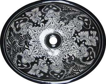 Mexican Talavera Vessel Sink Oval Drop In Handcrafted Ceramic - Acapulco Negro -