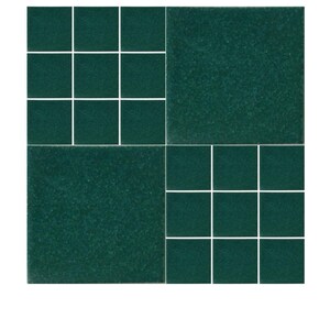 May include: A square arrangement of dark green tiles with white grid lines. The tiles are arranged in a pattern of smaller squares and larger solid squares, creating a textured surface. The overall design is geometric and modern.