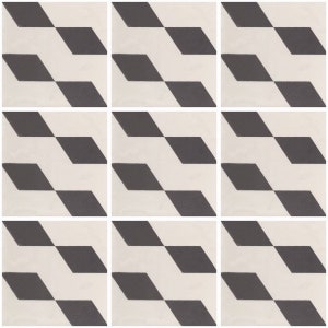 May include: A set of nine black and white ceramic tiles with a geometric diamond pattern.