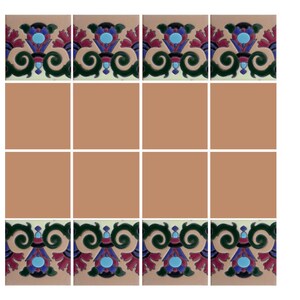 May include: A set of nine terracotta tiles with a decorative border. The border features a repeating pattern of stylised flowers and leaves in shades of blue, green, pink, and purple.