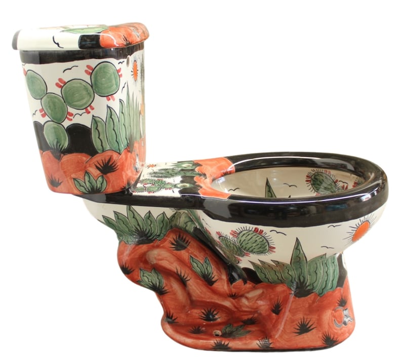 Mexican Talavera Ceramic Toilet Hand Painted  Rancheros Negro image 2