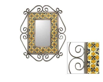 Mexican Tin and Talavera Tiles Mirror Hand Painted - Colonial -