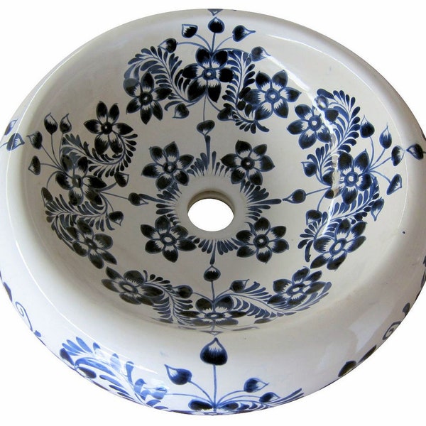 Mexican Talavera Round Vessel Handcrafted ceramic sink - Flor Azul -