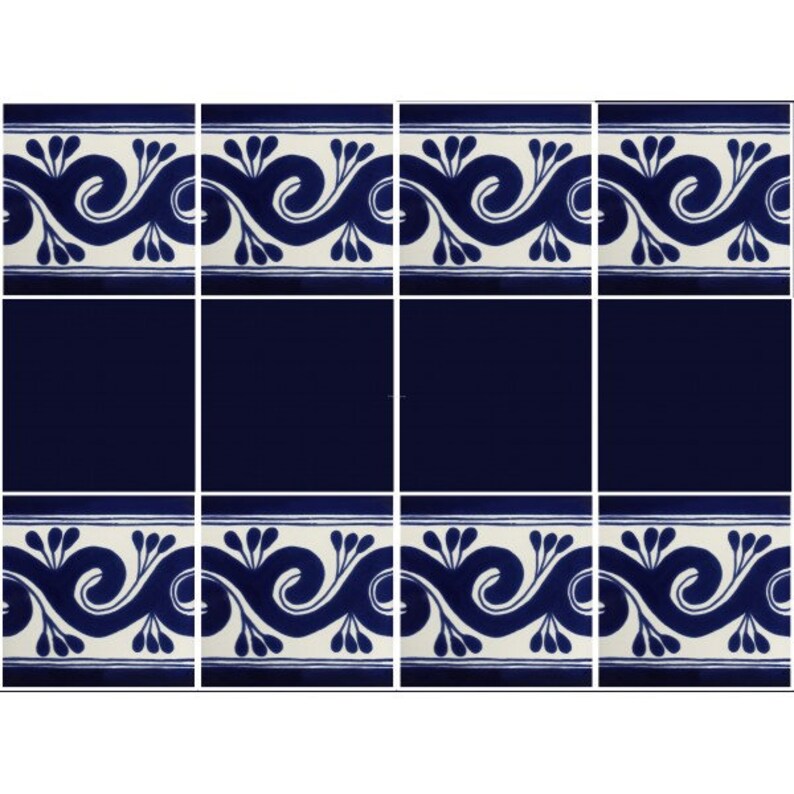 May include: A grid of ceramic tiles featuring a decorative design. The tiles have a navy blue background with a white border. The border is adorned with a repeating pattern of blue swirls and leaf-like shapes, creating a cohesive and elegant look.