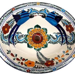 Mexican Talavera Sink Oval Drop In Handcrafted Ceramic - Blue Birds -