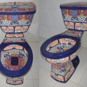 Inodoro de cerámica de Talavera Mexicana Pintado a Mano - Linares -