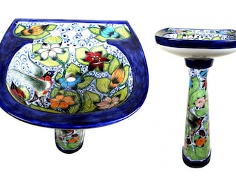 Mexican Talavera Pedestal Sink Handcrafted Ceramic - Hummingbirds -