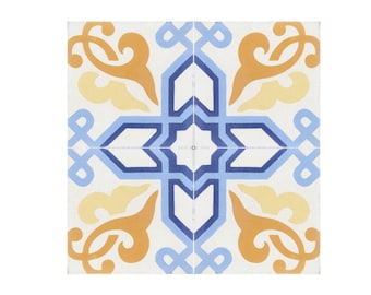 May include: A square tile with a geometric pattern in shades of blue, yellow, and orange. The pattern features a central star shape surrounded by intricate floral designs.
