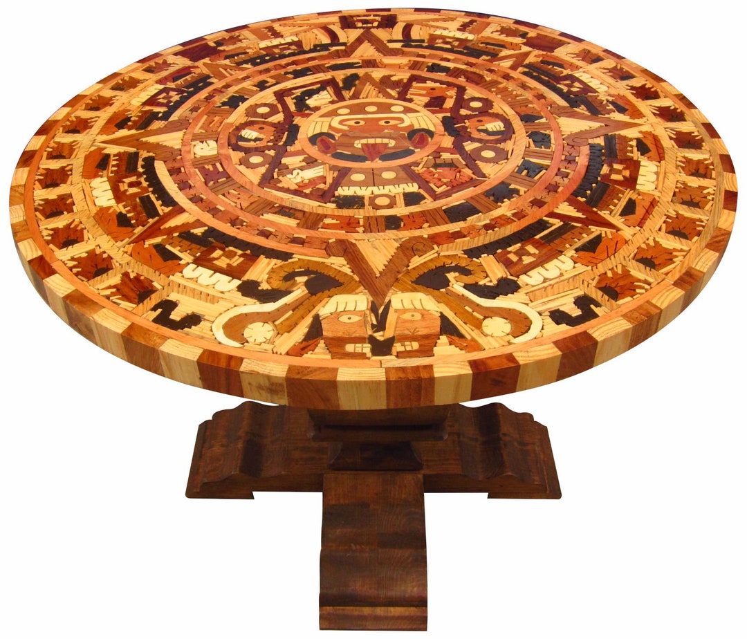 Wooden Inlay Aztec Calendar Table With Base Etsy Wooden Inlay Aztec Calendar Table With Base Etsy