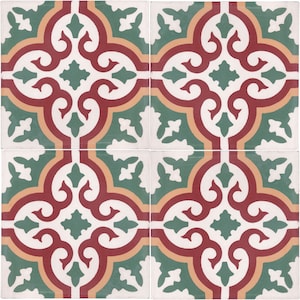 Puede incluir: Cuatro azulejos cuadrados de cerámica con un patrón repetido de diseños florales rojos, verdes y naranjas sobre un fondo blanco.