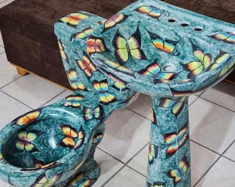 Mexican Talavera Ceramic Toilet Hand Painted  - Mariposas Verdes -