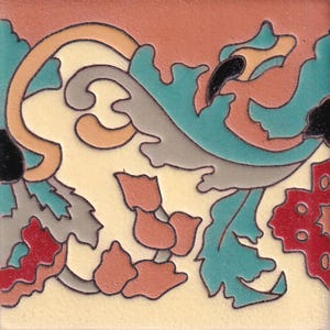 May include: A square ceramic tile featuring a raised relief pattern with a cream background. The design includes stylized floral and leaf motifs in shades of teal, muted orange, grey, and deep red, all outlined with distinct black embossed lines.
