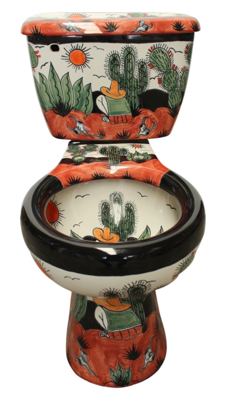 Mexican Talavera Ceramic Toilet Hand Painted  Rancheros Negro image 3