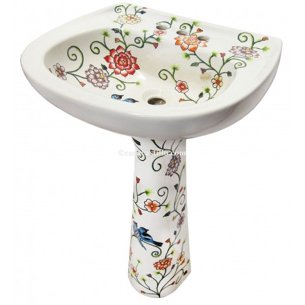 Mexican Talavera Pedestal Sink Handcrafted Ceramic - Pajaritos -