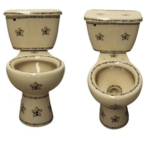Inodoro de cerámica de Talavera Mexicana Pintado a Mano - Flores Beige -