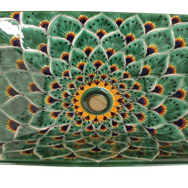 Fregadero de cerámica artesanal rectangular Talavera Vaso Mexicano - Pavo Verde -