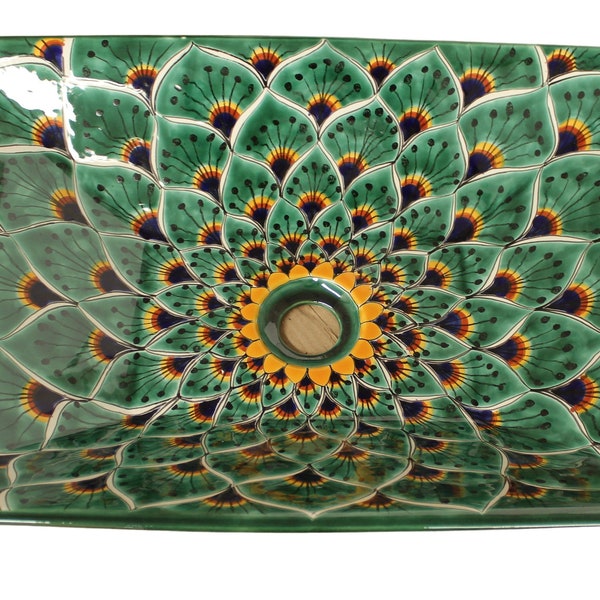 Mexican Talavera  Vessel Rectangular Handcrafted ceramic sink -  Pavo Verde -