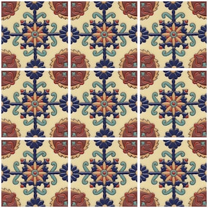 May include: Nine square ceramic tiles with a repeating pattern of blue, yellow, red, and white floral designs. The tiles are arranged in a 3x3 grid.