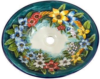 Mexican Talavera Sink Oval Drop In Handcrafted Ceramic - Flores -