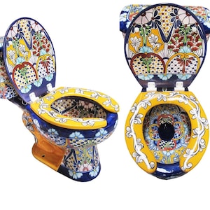 Inodoro de cerámica de Talavera Mexicana Pintado a Mano - Querétaro -