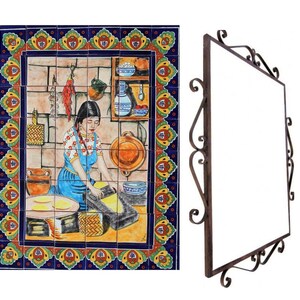 May include: A rectangular mural composed of ceramic tiles depicting a person preparing food in a kitchen, framed by a decorative border of blue, yellow, and red floral patterns, accompanied by a separate square metal frame with scrollwork details.