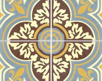 May include: Four square tiles arranged to form a larger square, featuring a repeating pattern. The design includes a central floral motif in brown and cream, surrounded by a light blue background and gold accents. The tiles have a fleur-de-lis design.