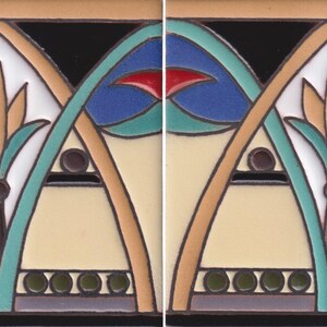 May include: A square ceramic tile featuring a symmetrical floral motif with a central tan lotus-like flower, teal arched stems, and dark brown circular accents. The design includes cream, black, red, and blue geometric shapes on a flat surface.