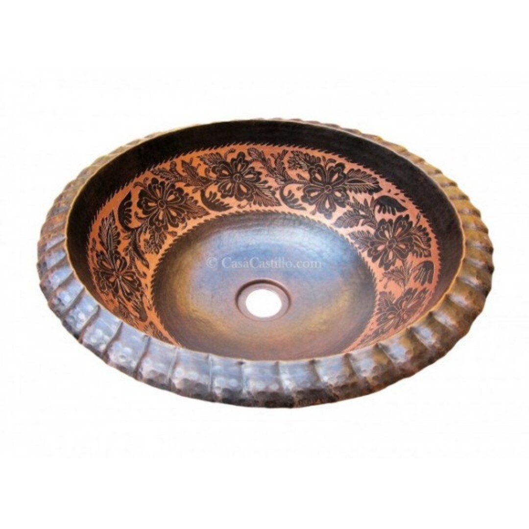 Mexican Copper Sink Round Handcrafted Antique Vines Etsy