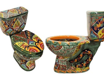 Inodoro Mexicano ALARGADO Altura Confort Pintado a Mano - Selva -