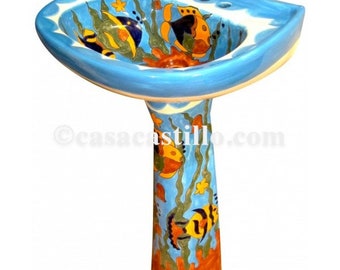 Mexican Talavera Pedestal Sink Handcrafted Ceramic - Oceano -