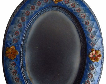 Mexican Tin Mirror Oval Handcrafted - Nature of Love Blue -