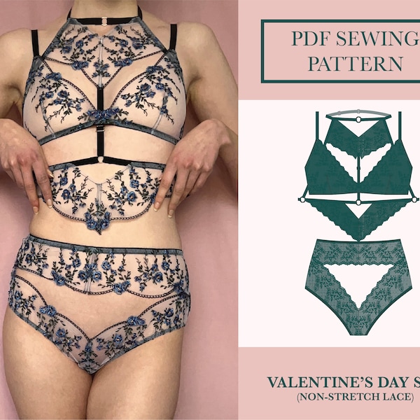 Lingerie 3 Sewing Pattern Bundle | Non-Stretch Lace Harness | Lace Triangle Bralette | Lace Ouvert Knickers | Valentine's Day Set UK 8-16