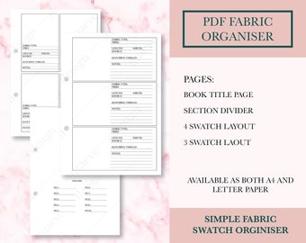 Organizador de muestras de tela de costura Descargar PDF / Páginas de tela imprimibles / Diario de costura de papel A4 y Carta