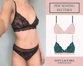 Esty Lace Bralette Sewing Pattern | Download Triangle Soft Bra Pattern | PDF Lingerie Sewing Pattern | Darted Bralette Pattern | UK 6-18