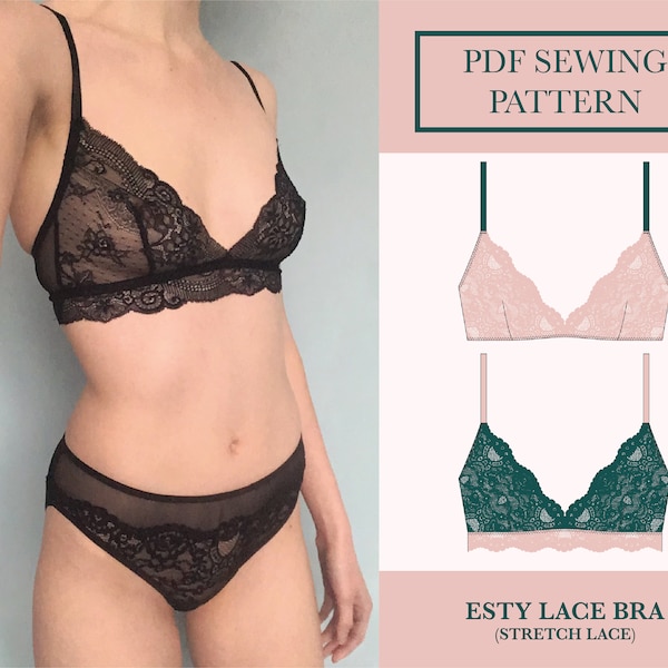 Esty Lace Bralette Sewing Pattern | Download Triangle Soft Bra Pattern | PDF Lingerie Sewing Pattern | Darted Bralette Pattern | UK 6-18