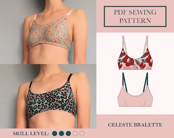 Patrón de costura de bralette en PDF / Descargar dos patrones de sujetador suave / Patrón de costura de lencería Celeste / Patrón de bralette con pinzas / Talla 6-18 del Reino Unido