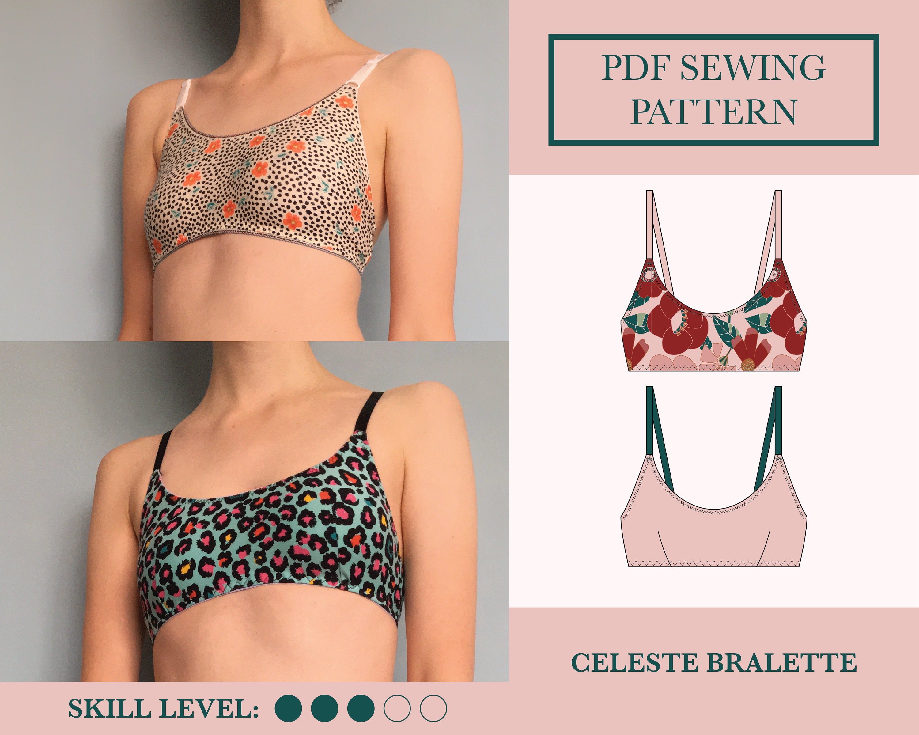 Bralette PDF Sewing Pattern Download Two Soft Bra Patterns Celeste Lingerie Sewing  Pattern Darted Bralette Pattern UK 6-18 