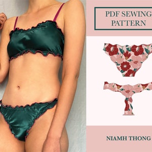 Puede incluir: Patrón de costura PDF para un estilo de tanga llamado "Niamh Thong". El patrón incluye un diseño de estampado floral con flores rojas y rosas sobre un fondo rosa claro.