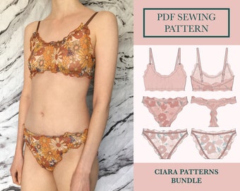 Frilly Lingerie Sewing Patterns Bundle | Download Includes Soft Bra Pattern, Thong and Brazilian Knickers Set | Fluted Edge Underwear UK6-18