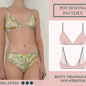 Könnte beinhalten: PDF-Schnittmuster für einen Dreiecks-BH aus nicht dehnbarem Stoff. Das Schnittmuster ist für einen Betty Triangle Bra. Das Bild zeigt ein Model, das einen BH mit Blumenmuster und passende Unterwäsche trägt.
