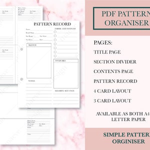 Puede incluir: Un organizador de patrones PDF imprimible para proyectos de costura. El organizador incluye páginas para registros de patrones, telas y nociones, muestras, ajustes de la máquina y un diseño de 4 y 3 tarjetas. El organizador está disponible en tamaños A4 y carta.