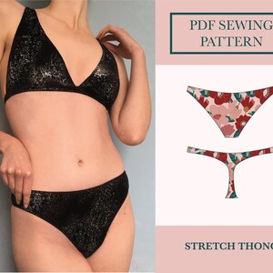Pode incluir: Padrão de costura PDF para um tanga elástico com estampa floral. O padrão inclui duas vistas: um tanga de cintura alta e um tanga de cintura baixa.