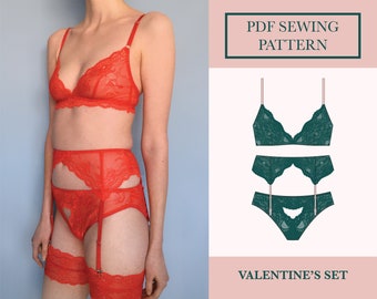 Lace Lingerie Set Sewing Pattern Bundle Includes Suspender Belt, Triangle Bralette, Lace Ouvert Knickers | Valentine's Day Set UK 6-18
