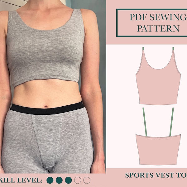 Crop Top Vest Sewing Pattern | PDF Pattern Download for Strappy Sports Bralette | UK 6-18