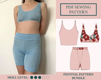Sportswear Sewing Pattern | Download PDF Two Soft Bra, Vest Top, Cycling Shorts Sewing Pattern | Rave Festival Pattern | UK 6-18