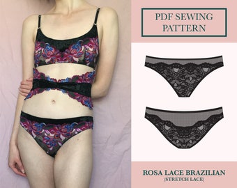 Lace Brazilian Sewing Pattern | Rosa Lace Panties Pattern Download | Stretch Galloon Lace Briefs | Knickers PDF Sewing Pattern UK 6-18